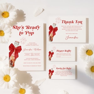 She&#39;s Ready to Pop Soda Baby Shower Invitation Set, Customizable Template, Digital Download, Fun Soda Theme Invite, Bow - BS35