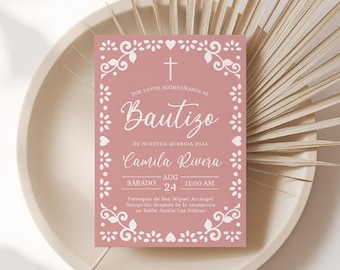 Cielito Lindo Baptism Invitation Pink Spanish, Dusty Rose, Editable Template, Mexican Theme, Papel Picado, Girl Bautizo Invite - RC10