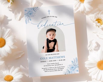 Boho Floral Blue Boy Dedication Invitation Card Template, Simple and Elegant Design with Photo - 001DDB