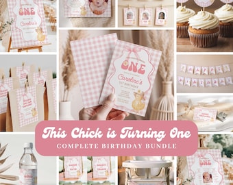 Ein süßes Küken Bundle, bearbeitbare Geburtstagseinladung, Bauernhof Party Dekor, Coquette Bow Chick Thema, 1st Geburtstagsfeier - KBD22