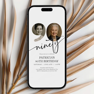 90th Birthday Digital Invitation Evite Template, Editable with Then & Now Photo Layout, Minimalist Classic Design - 001ABG1