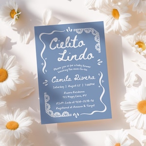 Convite para chá de bebê Cielito Lindo, azul, desenhado à mão, convite mexicano editável de Talavera, papel picado, modelo Canva - BS44b