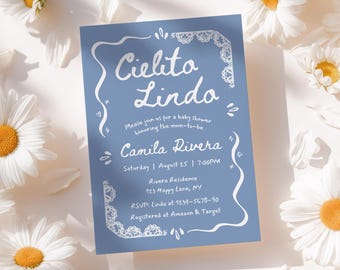 Cielito Lindo Baby Shower Invitation Blue, Whimsical Hand Drawn, Editable Mexican Talavera Invite, Papel Picado, Canva Template - BS44b