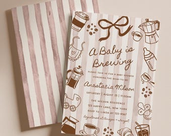 A Baby is Brewing Coffee Shower Invite, Editable Template Gender Neutral, Digital Download Invitation, Hand Drawn Whimsical Bow, Canva BS64b