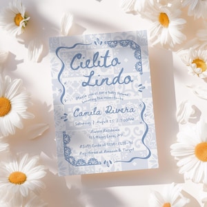 Convite para chá de bebê Cielito Lindo, azul, desenhado à mão, convite mexicano editável de Talavera, papel picado, modelo Canva - BS44