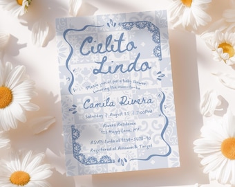 Cielito Lindo Baby Shower Invitation Blue, Whimsical Hand Drawn, Editable Mexican Talavera Invite, Papel Picado, Canva Template - BS44