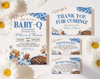 Baby-q babyshoweruitnodiging set blauw, bewerkbare digitale BBQ-uitnodiging, achtertuin strooisjabloon, instant download - BS2