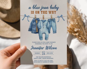 Blue Jean Baby Shower Invitation, Denim Baby Shower Invite, Editable Template for Boys, Western Theme, Digital Download - BS36