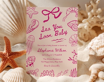 Sea You Soon Baby Shower Invitation Girl, Editable Pink Coastal Theme, Summer Invite with Seashells, Hand Drawn Whimsical, Canva BS61c