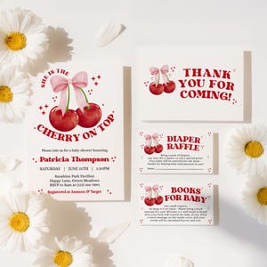 Cherry on Top Babypartyeinladungsset, bearbeitbare rosa Schleifenkirschen einladen, Kokette Mädchen-Babypartybündel - BS1