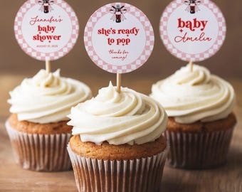 Topo de cupcake, tema "Ela está pronta para estourar refrigerante", adesivos fofos para chá de bebê, etiquetas de agradecimento editáveis, decoração para chá de bebê BS22