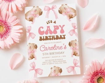 Invitación de cumpleaños de capibara para niñas, lazos rosas, linda invitación editable para fiesta de capibara rosa, temática de animales divertidos - KBD20