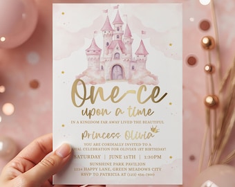 Invitación de cumpleaños de Érase una vez, invitación editable para fiesta de princesas, primer cumpleaños, plantilla de descarga digital para niños - KBD16