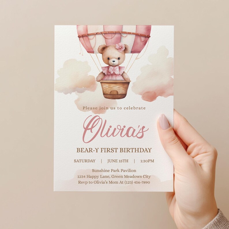 Invitación de primer cumpleaños de Beary: Osito rosa para niña - KBD43 imagen 2