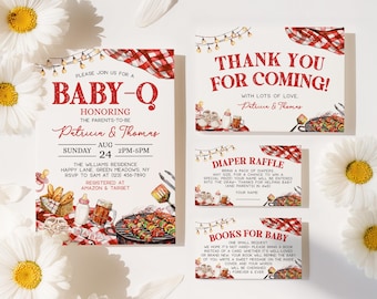 Baby-q Baby Shower Invitation Set Red, Editable Digital BBQ Invitation, Backyard Sprinkle Template, Instant Download - BS3