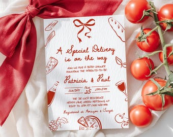 Special Delivery Pizza Baby Shower Invitation, Whimsical Hand Drawn, Customizable Digital Invite, Pizza Party Event - BS11