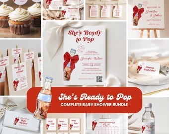 She's Ready to Pop Baby Shower Bundle Complete, Editable Invitation Set, Baby Shower Games, Welcome Sign, Favor Tag, Bar Sign, Bow - BS35b