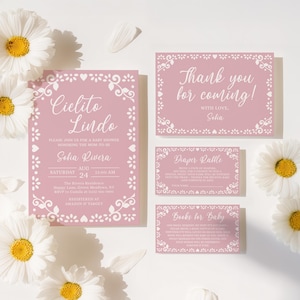 Cielito Lindo Baby Shower Invitation Set Blush Pink, Girl Baby Shower, Editable Mexican Talavera Theme, Papel Picado Digital Invite - BS9