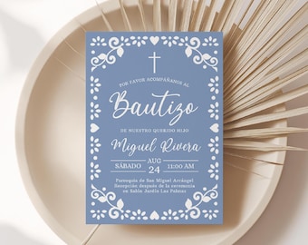 May include: A blue baptism invitation card with white floral and heart accents. The card includes the text "Bautizo" and details for Miguel Rivera's baptism, including the date, time, and location.