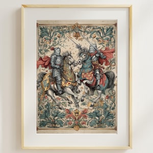 Knight in Battle - Medieval Tapestry, Knights Armor, Vintage Bathroom, Cottage, Nursery, Vintage Kids Room Art, Gothic Medieval Art Print