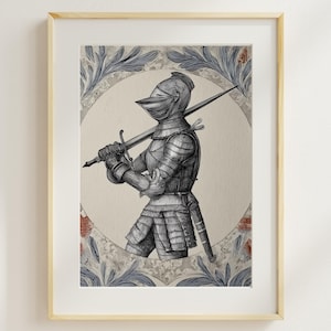 Medieval Knight Art Print - Medieval Tapestry Wall Art, Knights Armor, Vintage Bathroom, Cottage, Nursery, Vintage Kids Room Art