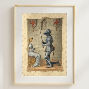 Medieval Knight and Princess Art Print - Medieval Tapestry Wall Art, Medieval Painting, Vintage Bathroom, Knight Armor Art Print