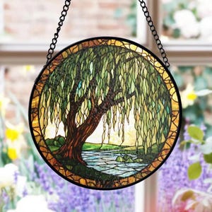 Willow Tree Stained Glass Suncatcher, Nature Window Art, Tranquil River Scene, Rustic Home Decor, Serenity Theme