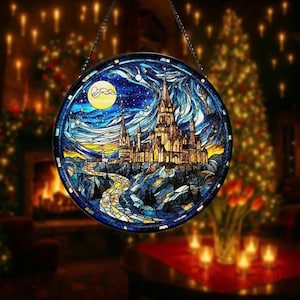 Wizard School Stained Glass Suncatcher, Enchanted Castle Stained Glass Suncatcher – Christmas Window Decor for Book Lovers & Fantasy Fans
