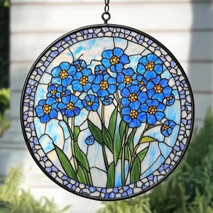 Forget Me Not Stained Glass Suncatcher, Handmade Botanical Window Hanging Decor