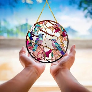 Humming bird stained glass bird suncatcher decor window hangings flower suncatcher, Fathers Day gift