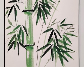手描きの伝統的な中国の竹とスズメの水墨画 - 東洋の自然の壁装飾