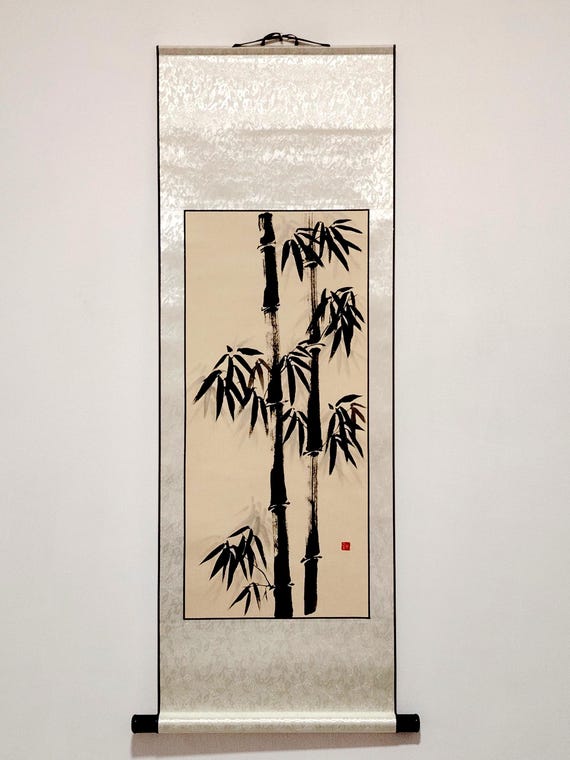 Stille Bambusrolle – Elegante handbemalte chinesische Tusche | Orientalische Pinselmalerei | Zen Minimalistische Wanddekoration