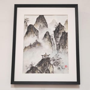 霧深い山と竹の影 – オリジナル中国水墨風景画 | 手描き東洋美術 | 禅