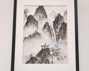 Misty Mountain Landscape – Original Chinese Ink Painting | Hand-Painted Oriental Art | Zen Asian Wall Decor Gift