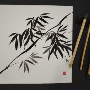 Square Chinese Bamboo Ink Painting – Original Xuan Paper Artwork