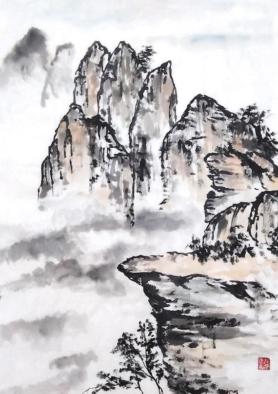 Standstill Mountain – Original Chinese Ink Landscape | Misty Peaks Wall Art | Hand-Painted Oriental Zen Decor