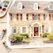 May include: Watercolour painting of a two-storey house with a stone facade, brown shutters, and a front door with a wreath. An American flag hangs near the entrance. Paint tubes and a palette with watercolours are in the foreground.
