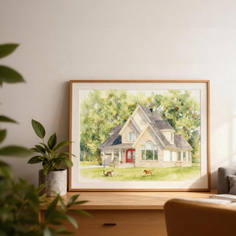 May include: A framed watercolour painting of a house with a light-coloured stone facade, a dark roof, and a red front door. The painting includes a green lawn, trees, and two small animals. The frame is made of light-coloured wood.