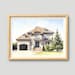 May include: Watercolour painting of a two-storey house with a light-coloured stone facade, brown roof, and black garage door. The house has multiple windows and a front door with steps leading up to it. A tall evergreen tree is on the right.