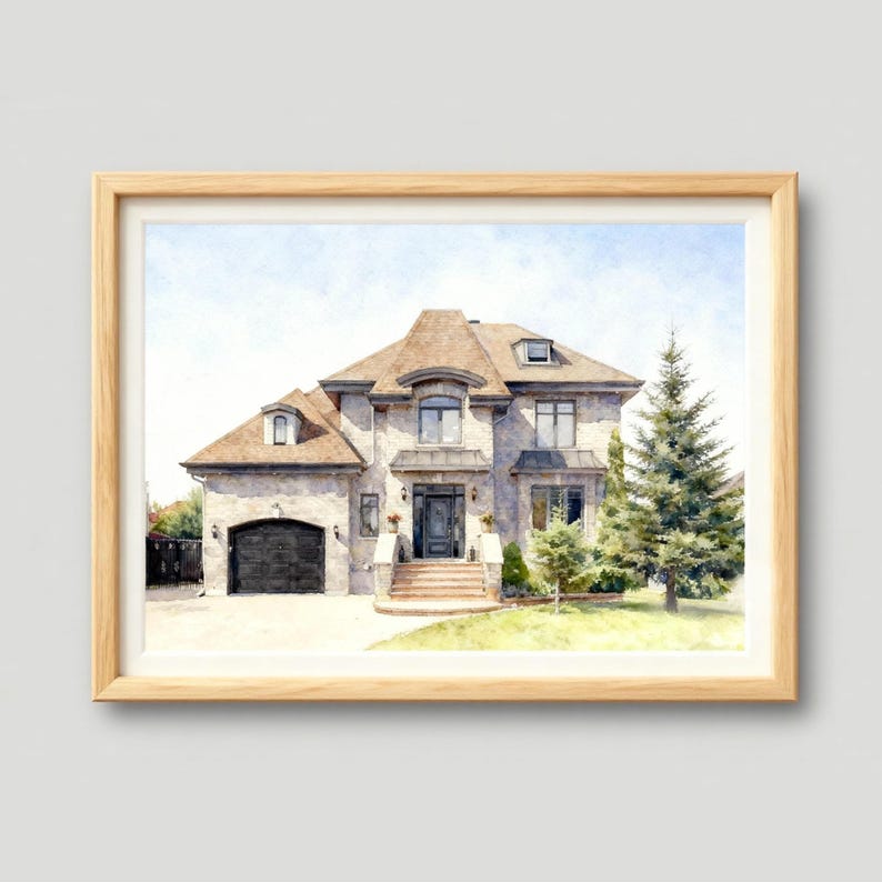 May include: Watercolour painting of a two-storey house with a light-coloured stone facade, brown roof, and black garage door. The house has multiple windows and a front door with steps leading up to it. A tall evergreen tree is on the right.