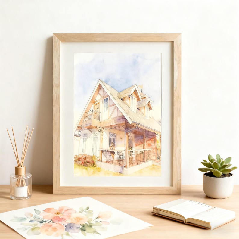 May include: Watercolour painting of a house in a light wood frame. The house features a balcony and a porch with a table and chairs. The painting is in a light style with soft colours.