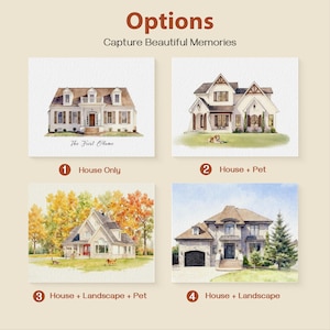 May include: A selection of four watercolour house portraits, each depicting a different style of home. The image includes the text "Options" and "Capture Beautiful Memories". Options are "House Only", "House + Pet", "House + Landscape + Pet", and "House + Landscape".