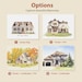 May include: A selection of four watercolour house portraits, each depicting a different style of home. The image includes the text "Options" and "Capture Beautiful Memories". Options are "House Only", "House + Pet", "House + Landscape + Pet", and "House + Landscape".