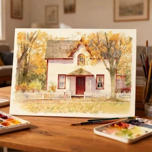 May include: Watercolour painting of a white house with red trim, a red door, and a white picket fence. The house is surrounded by trees with yellow and orange leaves, suggesting an autumn scene. The painting is on a wooden table with paint palettes and brushes.