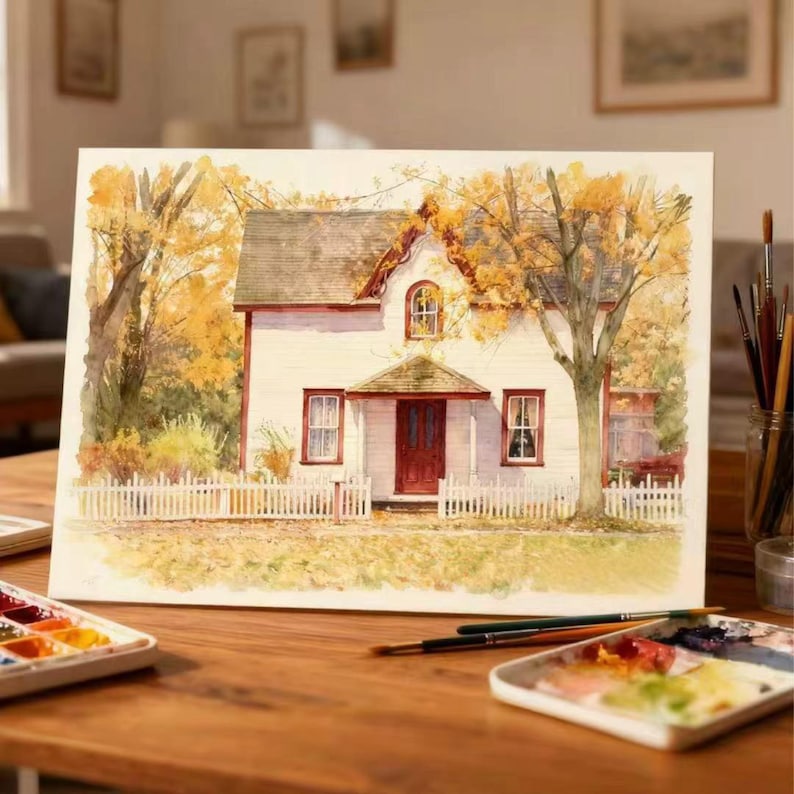 May include: Watercolour painting of a white house with red trim, a red door, and a white picket fence. The house is surrounded by trees with yellow and orange leaves, suggesting an autumn scene. The painting is on a wooden table with paint palettes and brushes.