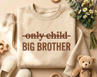 May include: A beige crewneck sweatshirt featuring the text "only child" with a horizontal line through it, positioned above the text "BIG BROTHER" in dark brown lettering. The garment has long sleeves and a ribbed collar.