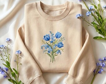Embroidered Blue Flower Bouquet Sweatshirt: Cotton-Blend Floral Shirt