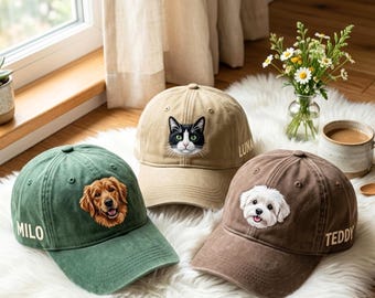Custom Embroidered Pet Portrait Baseball Cap, Dog Mom Dad Gift