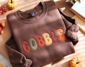Gobble Embroidered Thanksgiving Sweatshirt, Turkey Family Sweater