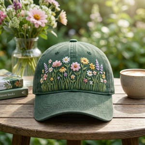 May include: A green baseball cap with an embroidered floral design. The embroidery features a variety of colorful flowers, including pink, yellow, and white daisies, and lavender sprigs, set against green grass. The cap is sitting on a wooden table.